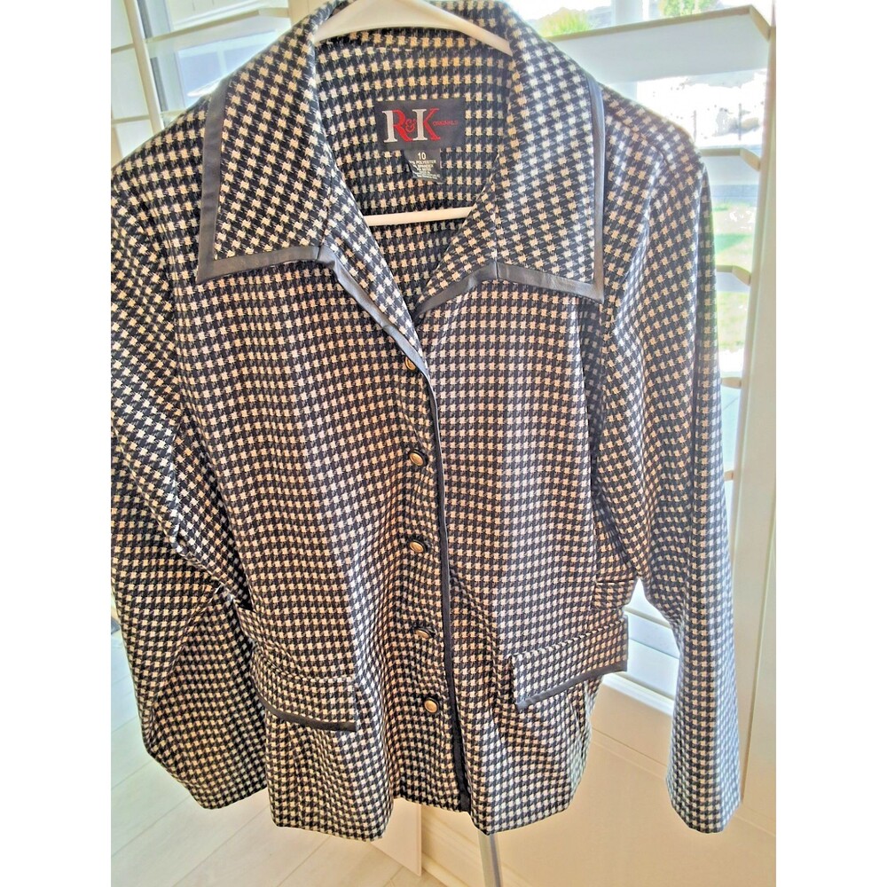 R&K Originals Houndstooth Blazer Jacket Faux Leather Trim Black White Womens 10